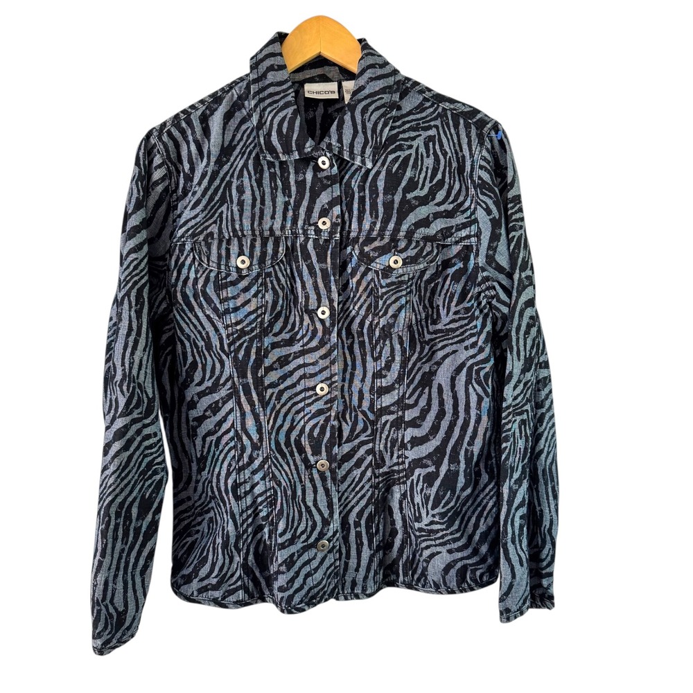 Chico's Zebra Print Denim Jacket Jean Button Up Animal Print Size 1